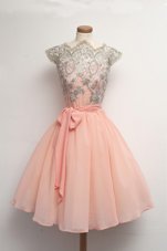 Stylish Scalloped Knee Length Champagne Party Dress for Girls Tulle Half Sleeves Lace and Belt