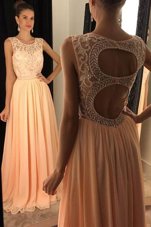 Scoop Sleeveless Floor Length Beading and Lace Backless Prom Dresses with Peach