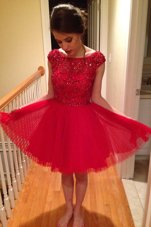 Flirting Tulle Bateau Cap Sleeves Zipper Beading Cocktail Dress in Red