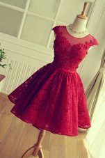 Fashionable Scoop Knee Length A-line Cap Sleeves Red Cocktail Dress Lace Up