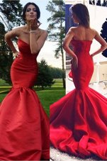 Flare Red Mermaid Sweetheart Sleeveless Elastic Woven Satin Sweep Train Zipper Pleated Dress for Prom