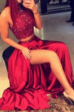Pretty Red Satin Backless Halter Top Sleeveless Floor Length Prom Party Dress Beading