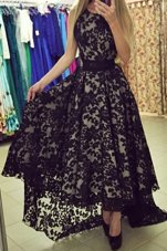 Flare Scoop Beading and Hand Made Flower Prom Evening Gown Navy Blue Zipper Long Sleeves Tea Length