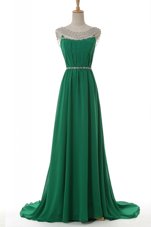 Noble Scoop Green Column/Sheath Belt Prom Dresses Side Zipper Elastic Woven Satin Sleeveless With Train