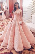 Pink Tulle Zipper Pageant Dress for Teens Short Sleeves With Train Sweep Train Lace