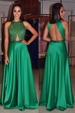 Scoop Sleeveless Dress for Prom Floor Length Beading Green Satin