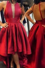 Traditional Scoop Sleeveless Red Carpet Gowns Asymmetrical Pleated Red Satin