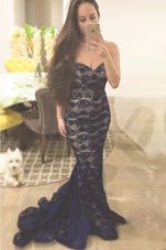 High Quality Scoop Lace With Train Column/Sheath Sleeveless Black Prom Evening Gown Brush Train Backless