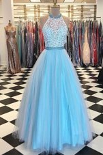 Halter Top Floor Length Zipper Homecoming Dress Blue and In for Prom with Beading and Appliques