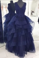 Dramatic Organza V-neck Sleeveless Backless Beading and Appliques and Ruffles Pageant Dress for Teens in Navy Blue