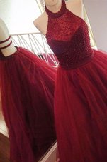 Deluxe Halter Top Burgundy Sleeveless Sweep Train Beading With Train Prom Party Dress