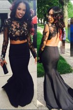 Most Popular Mermaid Black Satin Zipper Scoop Long Sleeves Prom Party Dress Sweep Train Appliques