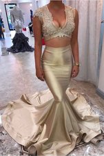 Modern Mermaid Sleeveless Appliques Zipper Pageant Dress for Girls with Champagne Court Train