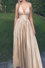 Clearance Taffeta Halter Top Sleeveless Zipper Ruching Dress for Prom in Champagne
