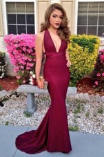 Mermaid Sleeveless Elastic Woven Satin Sweep Train Backless in Burgundy for with Ruching