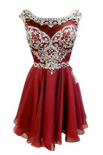 Burgundy A-line Beading and Sashes|ribbons Cocktail Dresses Zipper Chiffon Cap Sleeves Mini Length