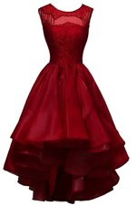 Perfect High Low Wine Red Party Dress Organza Sleeveless Beading