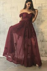 Superior Off the Shoulder Floor Length Zipper Homecoming Dress Burgundy and In for Prom with Appliques