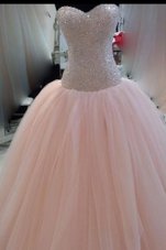 Fitting Pink Ball Gowns Tulle Sweetheart Sleeveless Beading and Sequins and Bowknot Floor Length Zipper Pageant Dress Wholesale