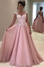 Low Price Pink V-neck Zipper Appliques Dress for Prom Sweep Train Sleeveless