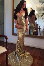 Gold Mermaid Sequins Hoco Dress Backless Sequined Sleeveless With Train