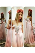 Eye-catching Pink A-line Chiffon Strapless Sleeveless Beading Floor Length Zipper Prom Dresses