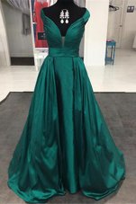 Off the Shoulder Pleated Prom Evening Gown Teal Zipper Sleeveless Sweep Train