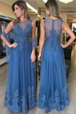 Custom Made Scoop Blue Tulle Zipper Homecoming Dress Sleeveless Floor Length Beading and Appliques