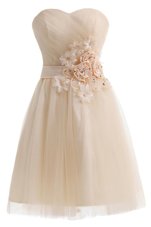 Champagne A-line Sweetheart Sleeveless Tulle Knee Length Lace Up Beading and Hand Made Flower Casual Dresses