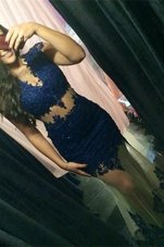 Fine Mermaid Scoop Navy Blue Homecoming Dress Tulle Sweep Train Cap Sleeves Beading and Lace