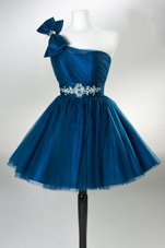 Custom Design Teal A-line Tulle One Shoulder Sleeveless Sashes|ribbons and Ruching and Bowknot Mini Length Side Zipper Party Dress Wholesale