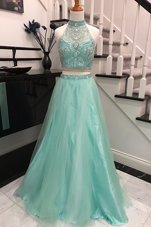 Classical Halter Top Apple Green Sleeveless With Train Beading Backless Prom Gown