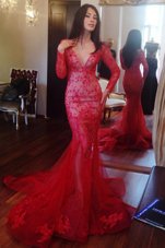 Mermaid Red Zipper Prom Dresses Beading and Lace Long Sleeves Sweep Train