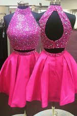 Halter Top Sleeveless Zipper Prom Evening Gown Hot Pink Organza