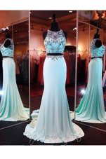 Elastic Woven Satin Scoop Sleeveless Brush Train Zipper Beading and Appliques Homecoming Dress in Baby Blue