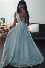 Floor Length Light Blue Prom Gown Taffeta Sleeveless Beading and Lace