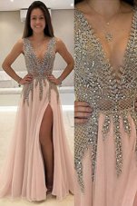 Attractive Tulle V-neck Sleeveless Brush Train Backless Beading Custom Made Pageant Dress in Champagne