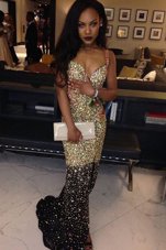 Glittering Mermaid Gold Prom and For with Beading V-neck Sleeveless Sweep Train Zipper