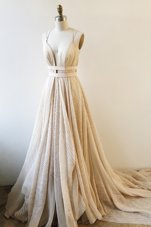Lace With Train Champagne Prom Evening Gown V-neck Sleeveless Court Train Backless