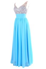Most Popular Aqua Blue Chiffon Zipper V-neck Sleeveless Floor Length Prom Dress Beading