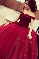 Off the Shoulder Wine Red Sequined Zipper Pageant Dress Short Sleeves Floor Length Lace