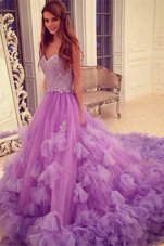 Smart Sweetheart Sleeveless Pageant Dress for Teens With Train Court Train Beading and Hand Made Flower Lavender Tulle