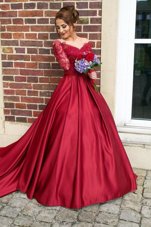 Classical Scoop With Train Mermaid Long Sleeves Red Prom Gown Sweep Train Zipper