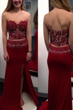 Sweetheart Sleeveless Prom Gown With Train Sweep Train Beading Wine Red Elastic Woven Satin