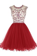 Admirable Scoop Wine Red Cap Sleeves Beading Mini Length Party Dress