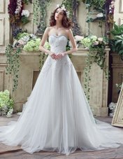 Sweetheart Sleeveless Wedding Gowns Court Train Beading and Lace and Appliques White Tulle and Lace