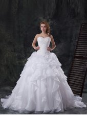 New Style Sweetheart Sleeveless Organza Wedding Dresses Beading and Appliques and Ruffles Brush Train Lace Up