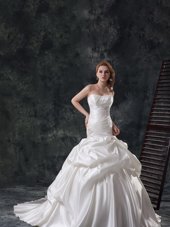 Vintage Mermaid White Sleeveless Beading and Ruching and Pick Ups Lace Up Wedding Dress