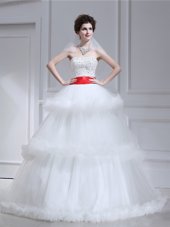 White A-line Tulle Strapless Sleeveless Beading and Ruffled Layers With Train Lace Up Bridal Gown Brush Train