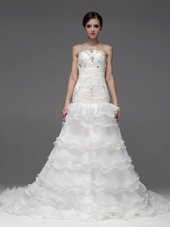 Sleeveless Beading and Ruffles and Ruffled Layers Lace Up Wedding Gown with White